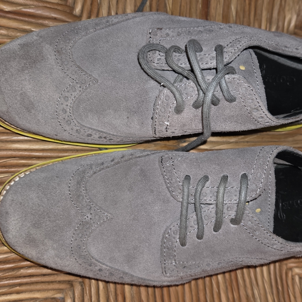 Cole Hanns Men's Grey Suede Wingtip Dress Shoes with Contrast Yellow Sole